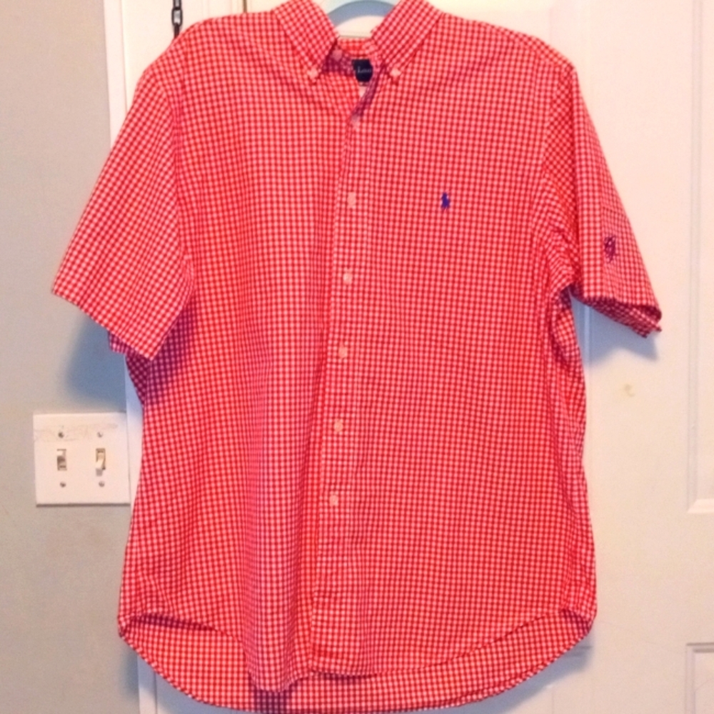 Men's Size XL Red White Gingham Ralph Lauren Classic Fit Short Sleeve Shirt